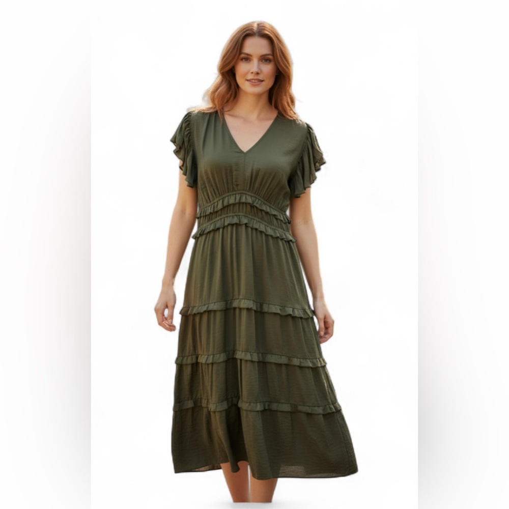 PINCH GREEN FOREST LAYERED TIERED MIDI DRESS. SIZE: M